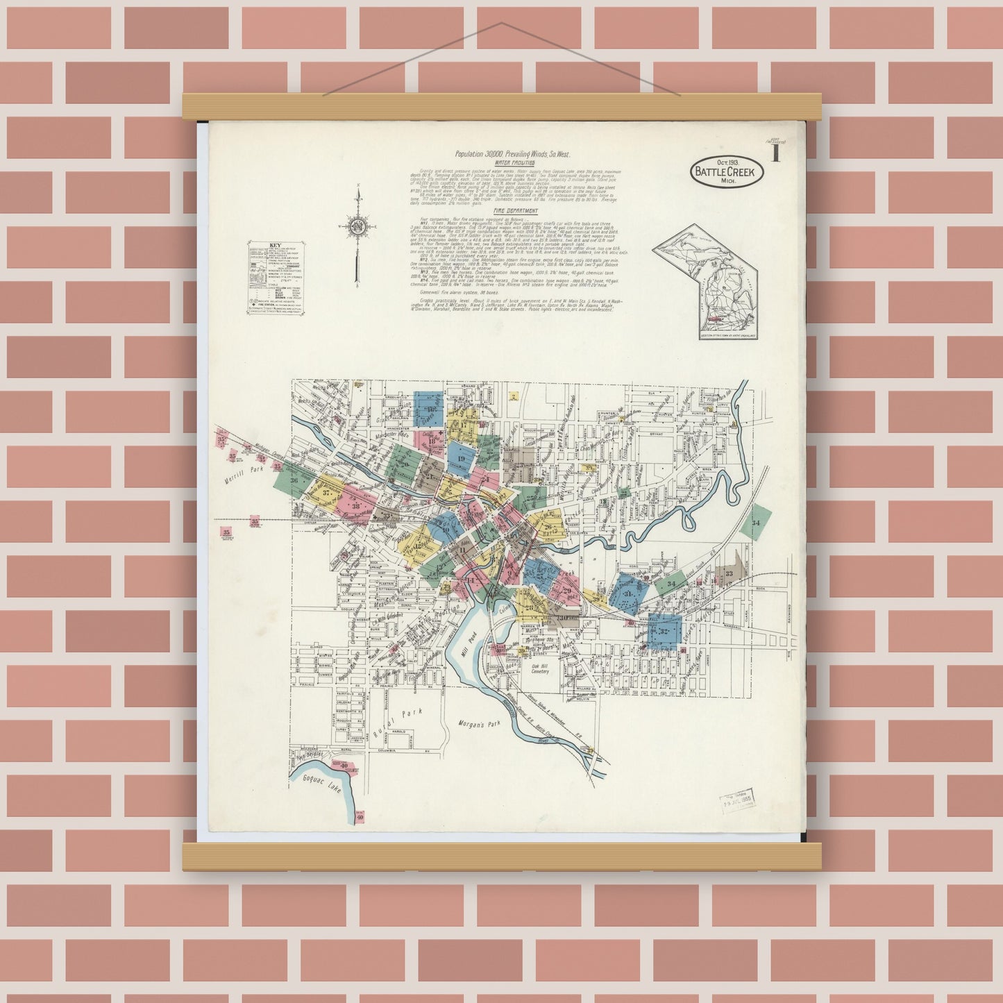 Old map wall art mockup — magnetic wood frame on brick wall — Sanborn Fire Insurance Map from Battle Creek, Calhoun County, Michigan (1913), Sheet #0001