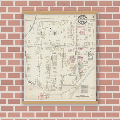 Old map wall art mockup — magnetic wood frame on brick wall — Sanborn Fire Insurance Map from Ashley, Luzerne County, Pennsylvania (1884) - Complete Map Set