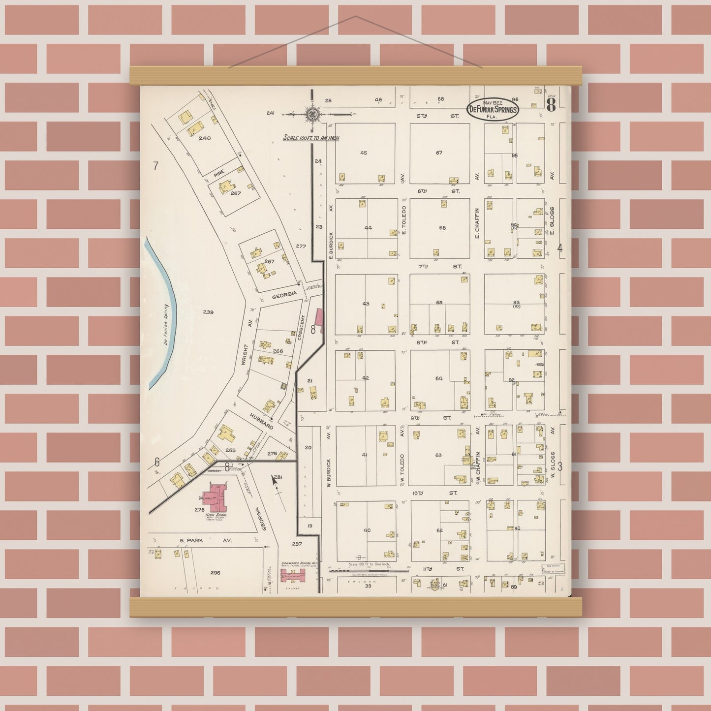 Old map wall art mockup — magnetic wood frame on brick wall — Sanborn Fire Insurance Map from De Funiak Springs, Walton County, Florida (1922), Sheet #0008