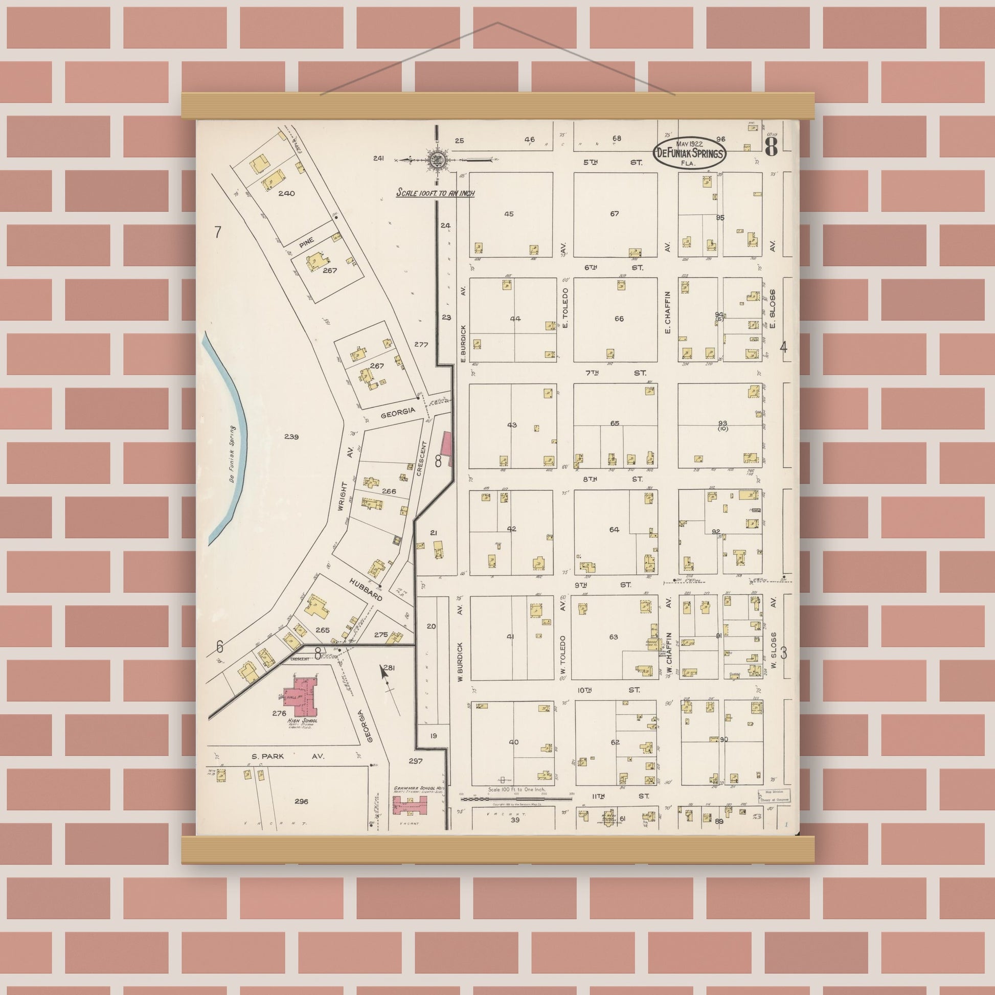 Old map wall art mockup — magnetic wood frame on brick wall — Sanborn Fire Insurance Map from De Funiak Springs, Walton County, Florida (1922), Sheet #0008