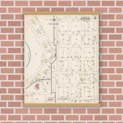 Old map wall art mockup — magnetic wood frame on brick wall — Sanborn Fire Insurance Map from De Funiak Springs, Walton County, Florida (1922), Sheet #0008