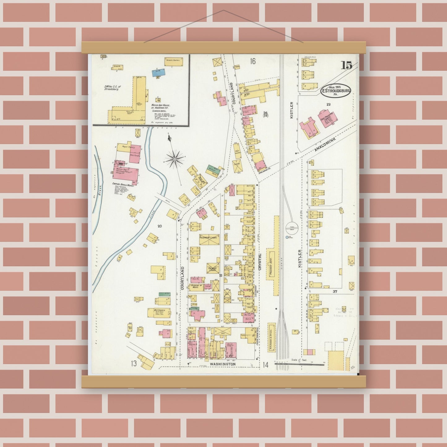 Old map wall art mockup — magnetic wood frame on brick wall — Sanborn Fire Insurance Map from Stroudsburg, Monroe County, Pennsylvania (1905), Sheet #0015