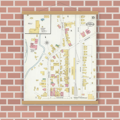 Old map wall art mockup — magnetic wood frame on brick wall — Sanborn Fire Insurance Map from Stroudsburg, Monroe County, Pennsylvania (1905), Sheet #0015