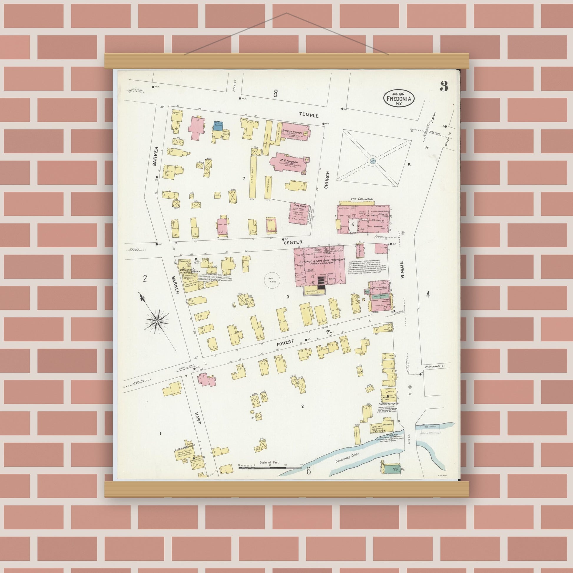Old map wall art mockup — magnetic wood frame on brick wall — Sanborn Fire Insurance Map from Fredonia, Chautauqua County, New York (1907), Sheet #0003
