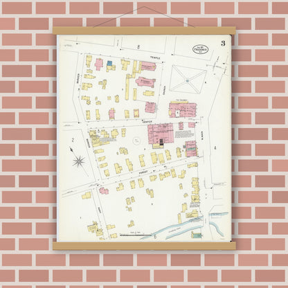 Old map wall art mockup — magnetic wood frame on brick wall — Sanborn Fire Insurance Map from Fredonia, Chautauqua County, New York (1907), Sheet #0003
