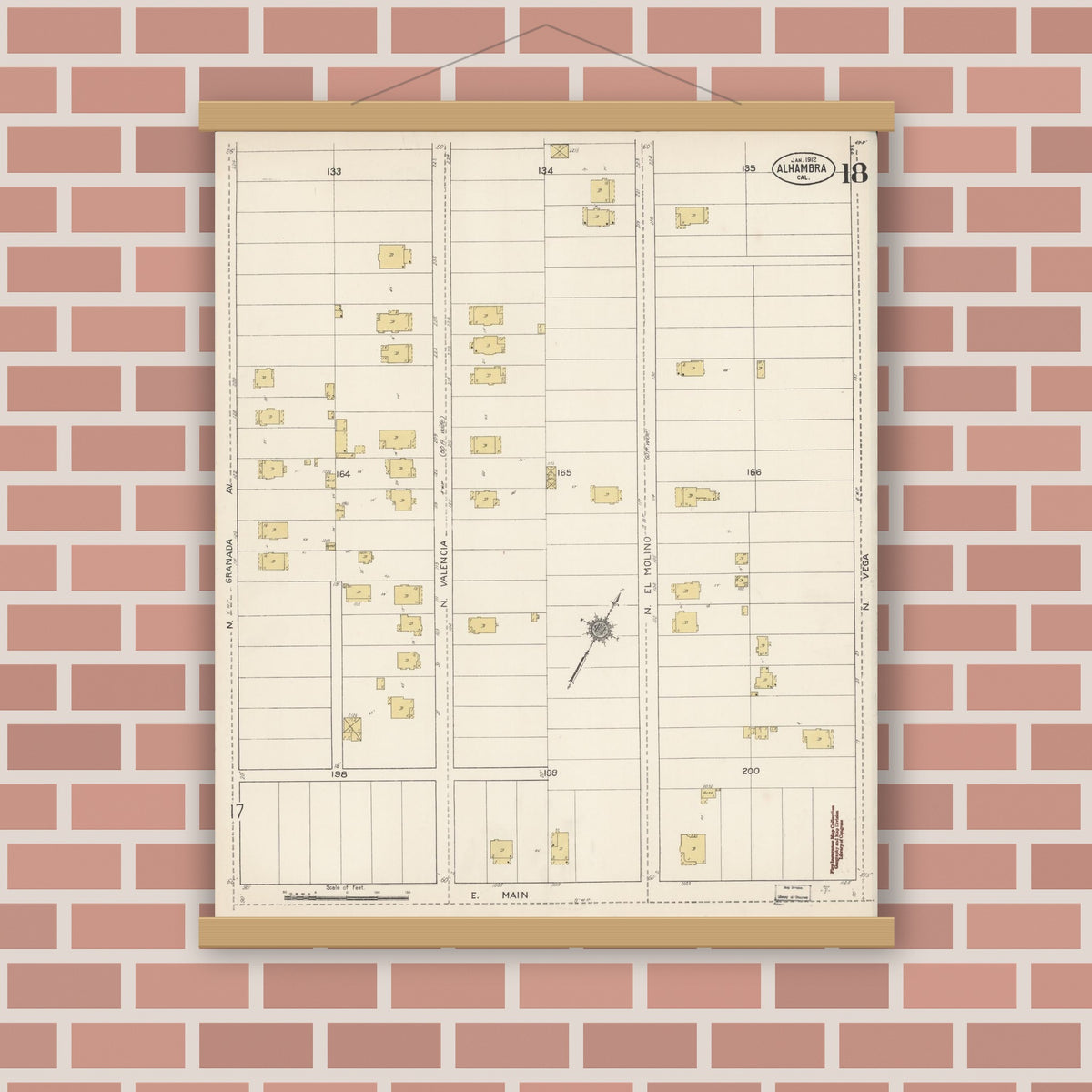 Old map wall art mockup — magnetic wood frame on brick wall — Sanborn Fire Insurance Map from Alhambra, Los Angeles County, California (1912), Sheet #0018