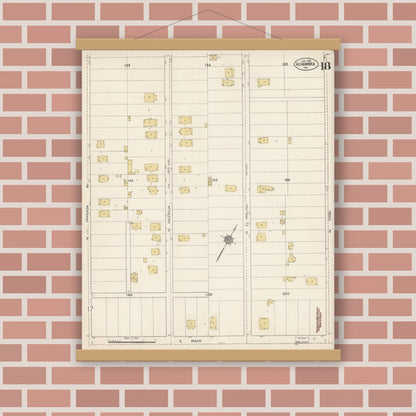 Old map wall art mockup — magnetic wood frame on brick wall — Sanborn Fire Insurance Map from Alhambra, Los Angeles County, California (1912), Sheet #0018