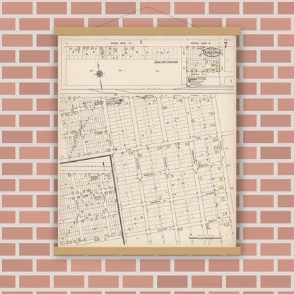 Old map wall art mockup — magnetic wood frame on brick wall — Sanborn Fire Insurance Map from Robstown, Nueces County, Texas (1922), Sheet #0007