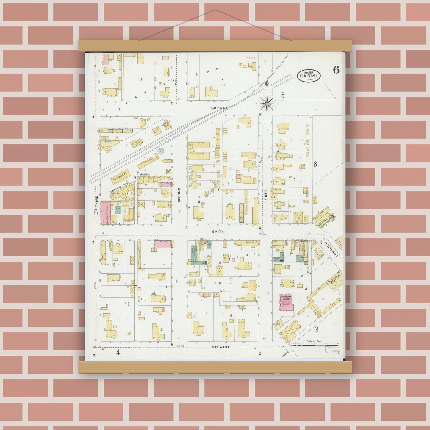 Old map wall art mockup — magnetic wood frame on brick wall — Sanborn Fire Insurance Map from Carmi, White County, Illinois (1906), Sheet #0006