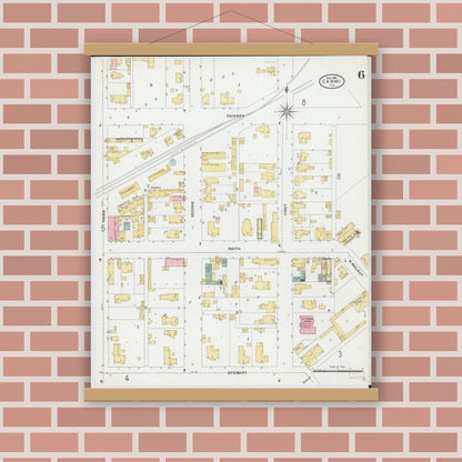 Old map wall art mockup — magnetic wood frame on brick wall — Sanborn Fire Insurance Map from Carmi, White County, Illinois (1906), Sheet #0006
