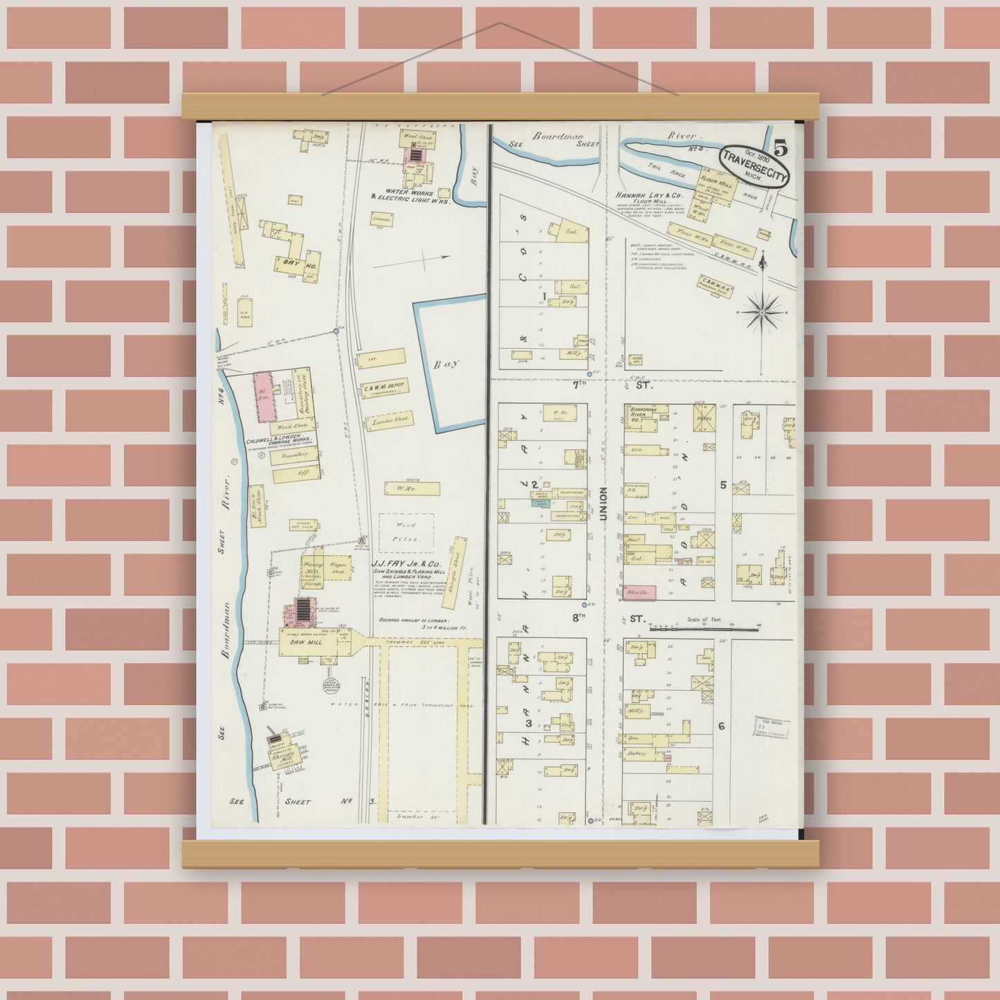 Old map wall art mockup — magnetic wood frame on brick wall — Sanborn Fire Insurance Map from Traverse City, Grand Traverse County, Michigan (1890), Sheet #0005