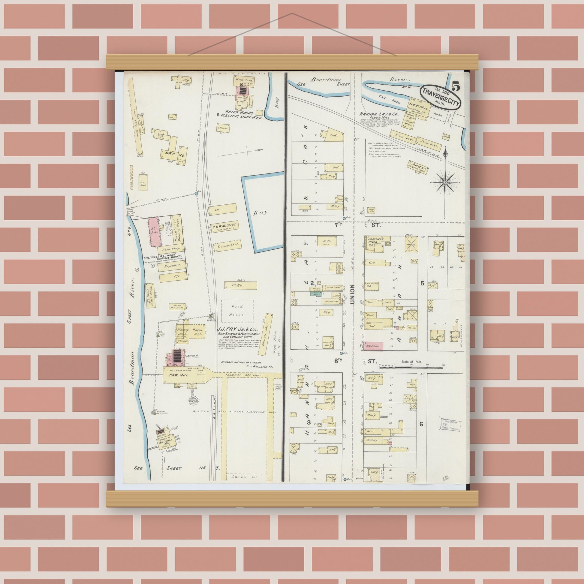 Old map wall art mockup — magnetic wood frame on brick wall — Sanborn Fire Insurance Map from Traverse City, Grand Traverse County, Michigan (1890), Sheet #0005