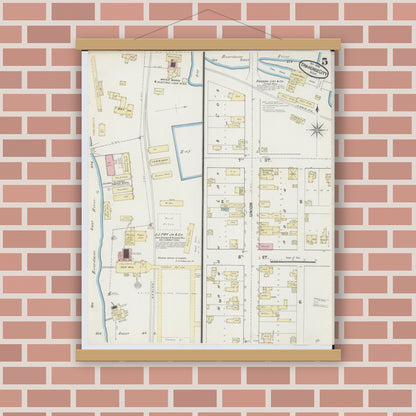 Old map wall art mockup — magnetic wood frame on brick wall — Sanborn Fire Insurance Map from Traverse City, Grand Traverse County, Michigan (1890), Sheet #0005