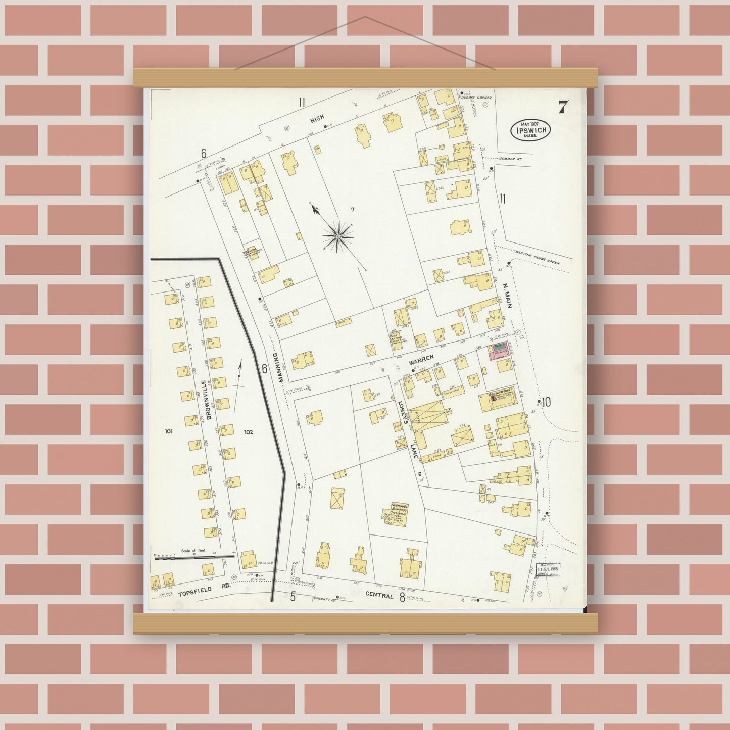 Old map wall art mockup — magnetic wood frame on brick wall — Sanborn Fire Insurance Map from Ipswich, Essex County, Massachusetts (1907), Sheet #0007