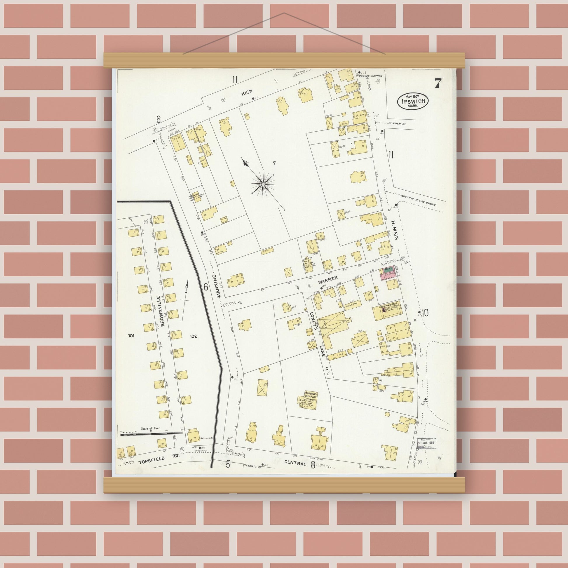 Old map wall art mockup — magnetic wood frame on brick wall — Sanborn Fire Insurance Map from Ipswich, Essex County, Massachusetts (1907), Sheet #0007