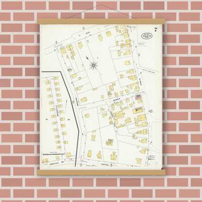 Old map wall art mockup — magnetic wood frame on brick wall — Sanborn Fire Insurance Map from Ipswich, Essex County, Massachusetts (1907), Sheet #0007