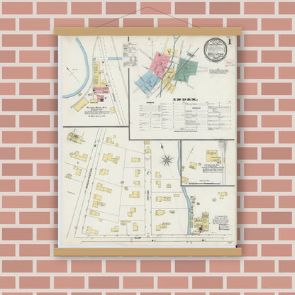 Old map wall art mockup — magnetic wood frame on brick wall — Sanborn Fire Insurance Map from Holliston, Middlesex County, Massachusetts (1894), Sheet #0001