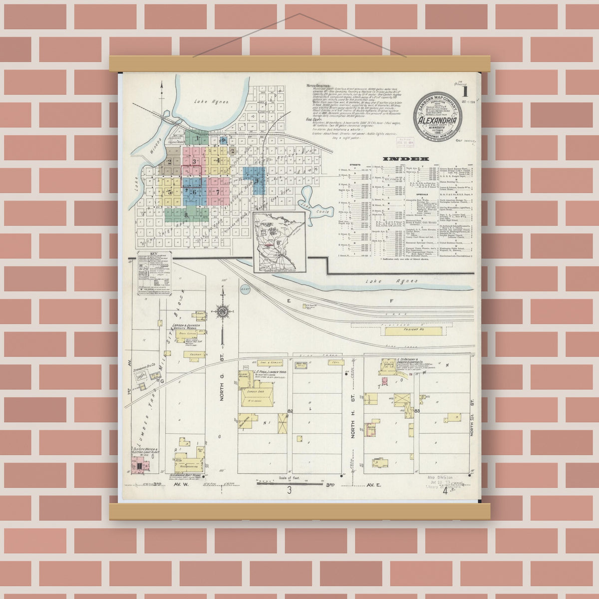 Old map wall art mockup — magnetic wood frame on brick wall — Sanborn Fire Insurance Map from Alexandria, Douglas County, Minnesota (1914), Sheet #0001