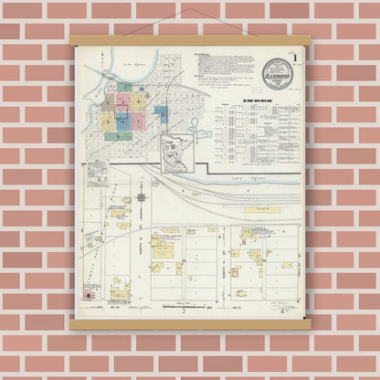Old map wall art mockup — magnetic wood frame on brick wall — Sanborn Fire Insurance Map from Alexandria, Douglas County, Minnesota (1914), Sheet #0001