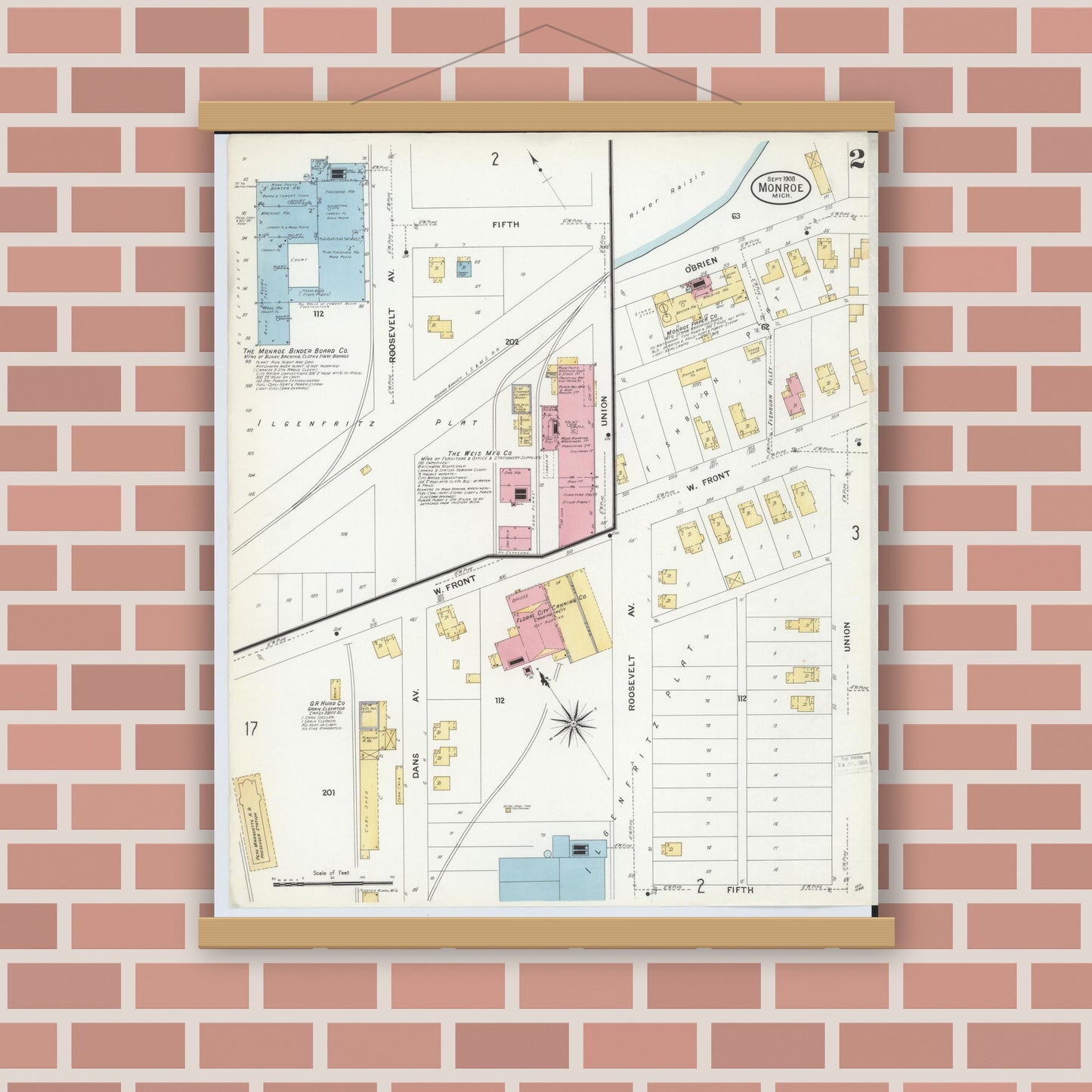Old map wall art mockup — magnetic wood frame on brick wall — Sanborn Fire Insurance Map from Monroe, Monroe County, Michigan (1908), Sheet #0002