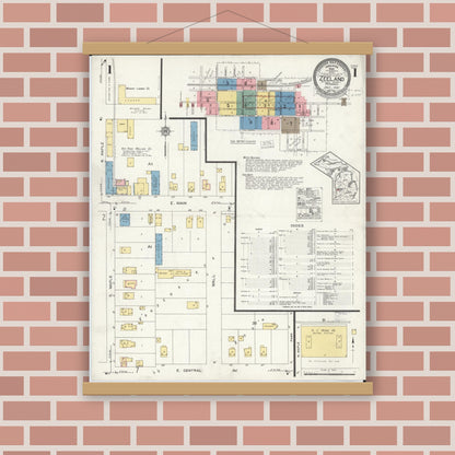 Old map wall art mockup — magnetic wood frame on brick wall — Sanborn Fire Insurance Map from Zeeland, Ottawa County, Michigan (1923) - Complete Map Set