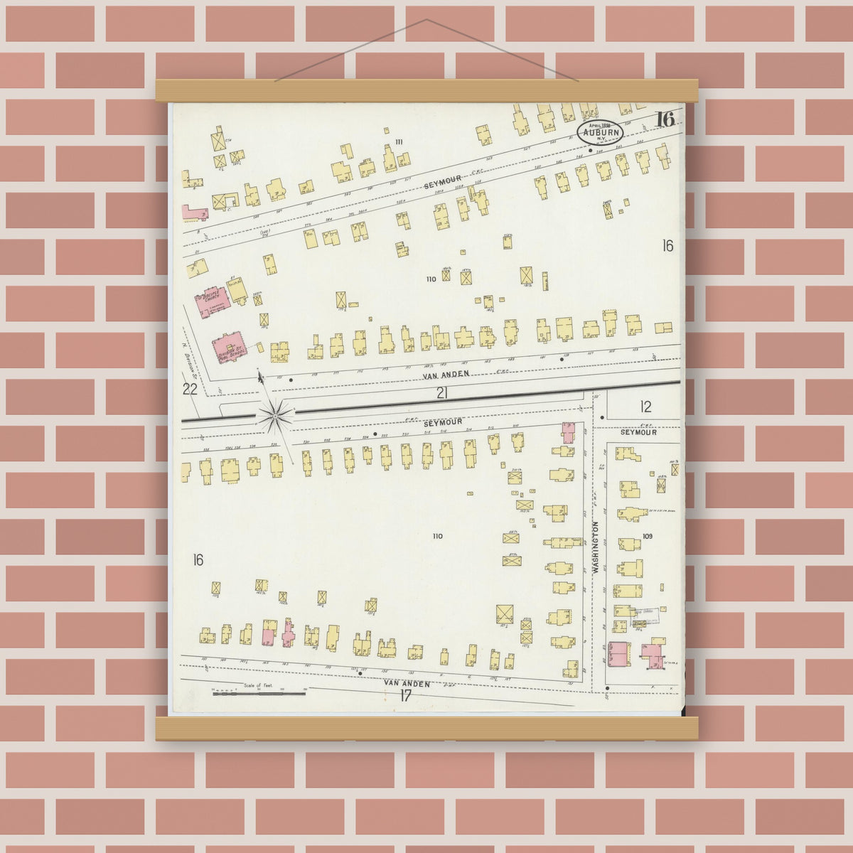 Old map wall art mockup — magnetic wood frame on brick wall — Sanborn Fire Insurance Map from Auburn, Cayuga County, New York (1898), Sheet #0016