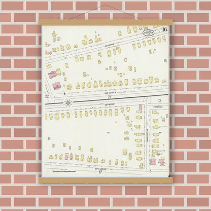 Old map wall art mockup — magnetic wood frame on brick wall — Sanborn Fire Insurance Map from Auburn, Cayuga County, New York (1898), Sheet #0016
