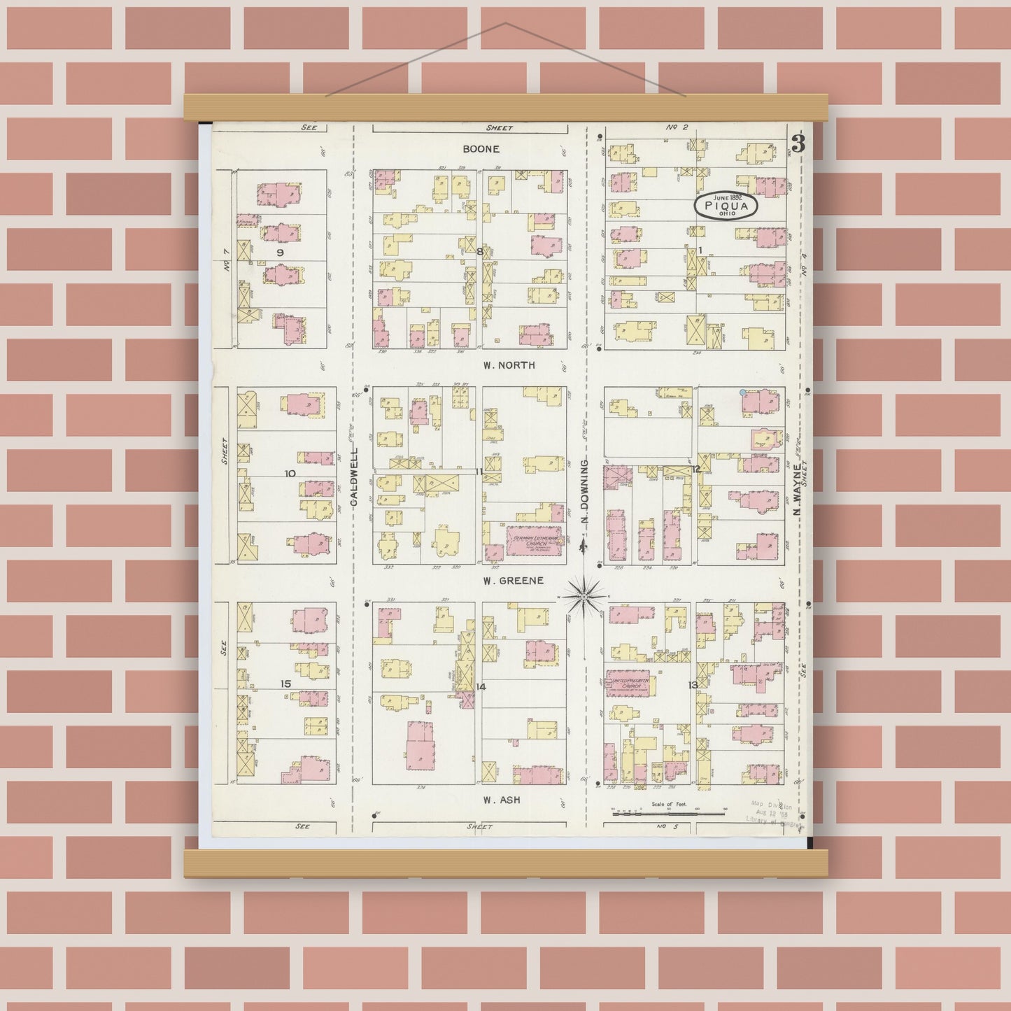 Old map wall art mockup — magnetic wood frame on brick wall — Sanborn Fire Insurance Map from Piqua, Miami County, Ohio (1892), Sheet #0003