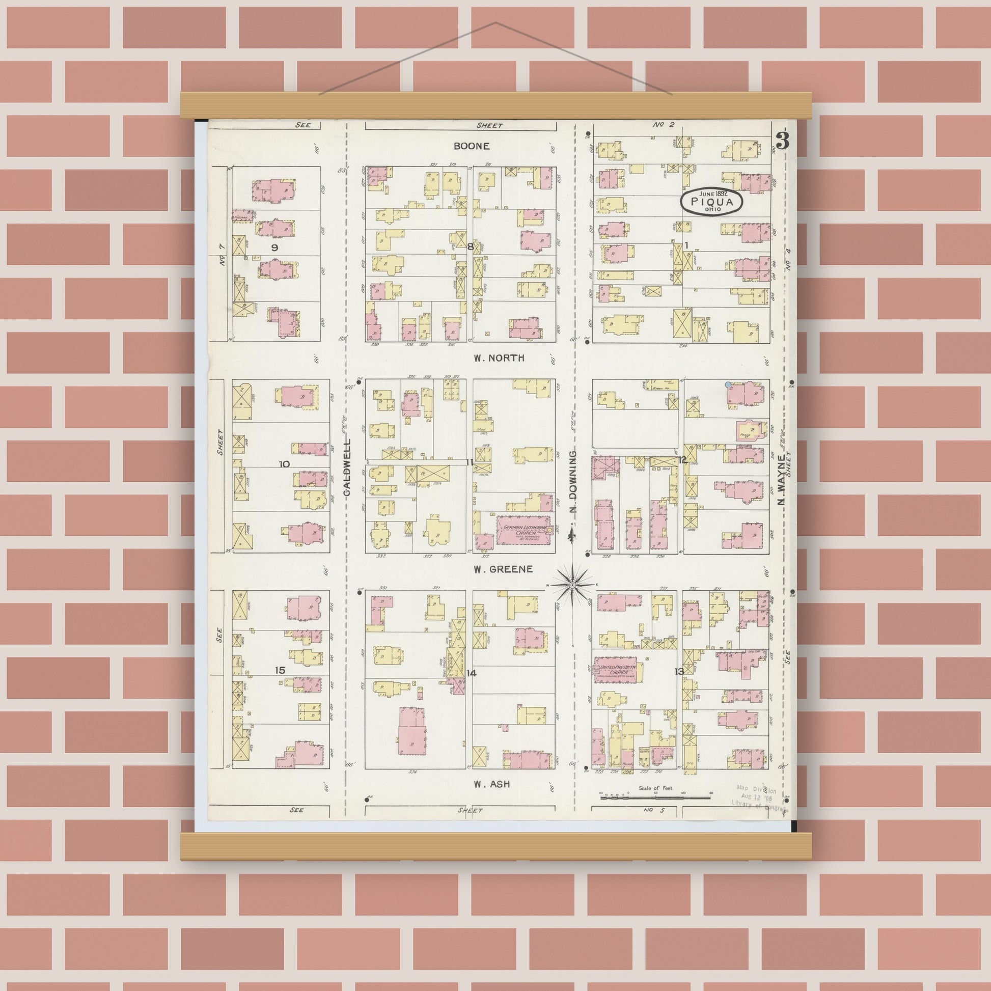 Old map wall art mockup — magnetic wood frame on brick wall — Sanborn Fire Insurance Map from Piqua, Miami County, Ohio (1892), Sheet #0003