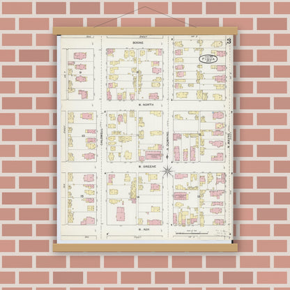 Old map wall art mockup — magnetic wood frame on brick wall — Sanborn Fire Insurance Map from Piqua, Miami County, Ohio (1892), Sheet #0003