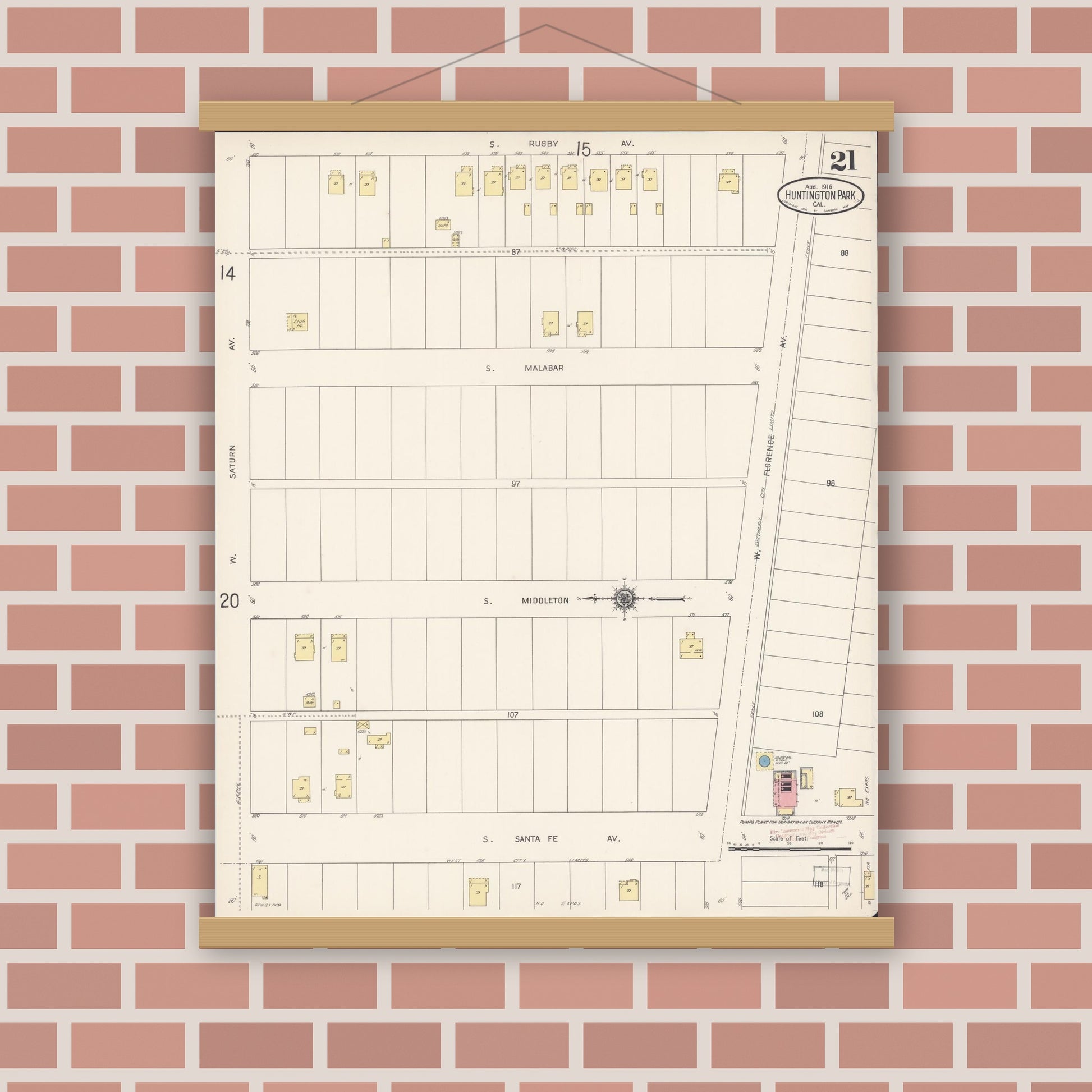 Old map wall art mockup — magnetic wood frame on brick wall — Sanborn Fire Insurance Map from Huntington Park, Los Angeles County, California (1916), Sheet #0021