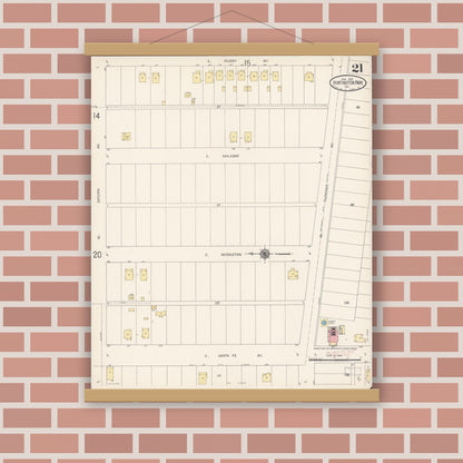 Old map wall art mockup — magnetic wood frame on brick wall — Sanborn Fire Insurance Map from Huntington Park, Los Angeles County, California (1916), Sheet #0021