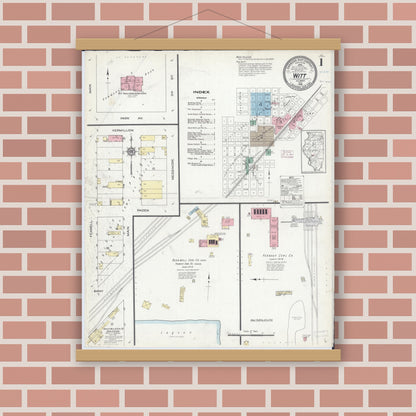 Old map wall art mockup — magnetic wood frame on brick wall — Sanborn Fire Insurance Map from Witt, Montgomery County, Illinois (1914), Sheet #0001