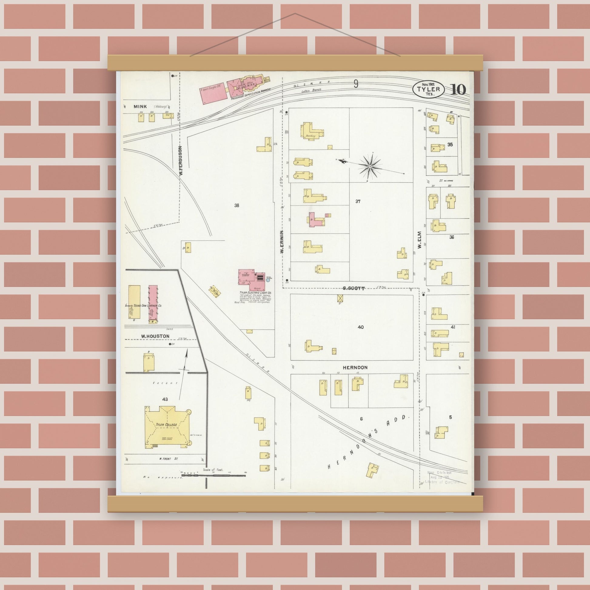 Old map wall art mockup — magnetic wood frame on brick wall — Sanborn Fire Insurance Map from Tyler, Smith County, Texas (1902), Sheet #0010