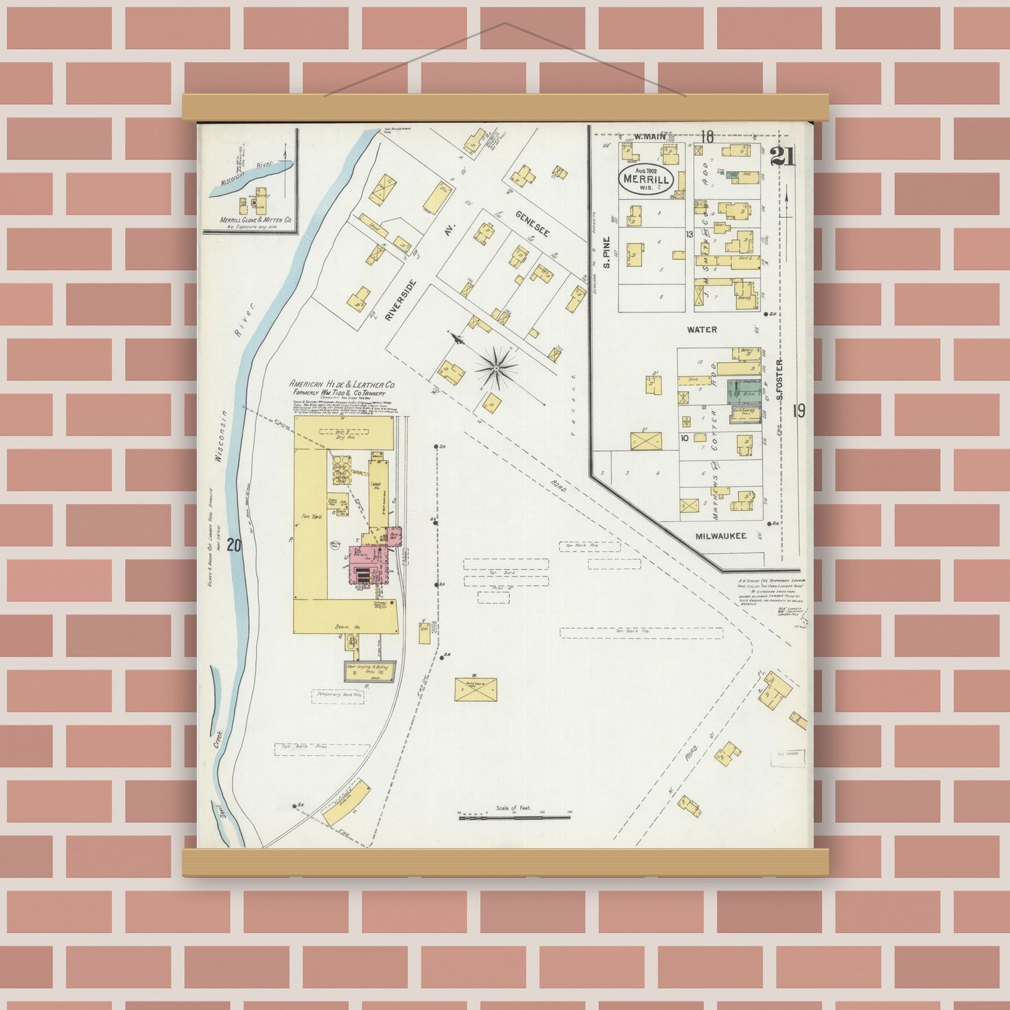 Old map wall art mockup — magnetic wood frame on brick wall — Sanborn Fire Insurance Map from Merrill, Lincoln County, Wisconsin (1902), Sheet #0021