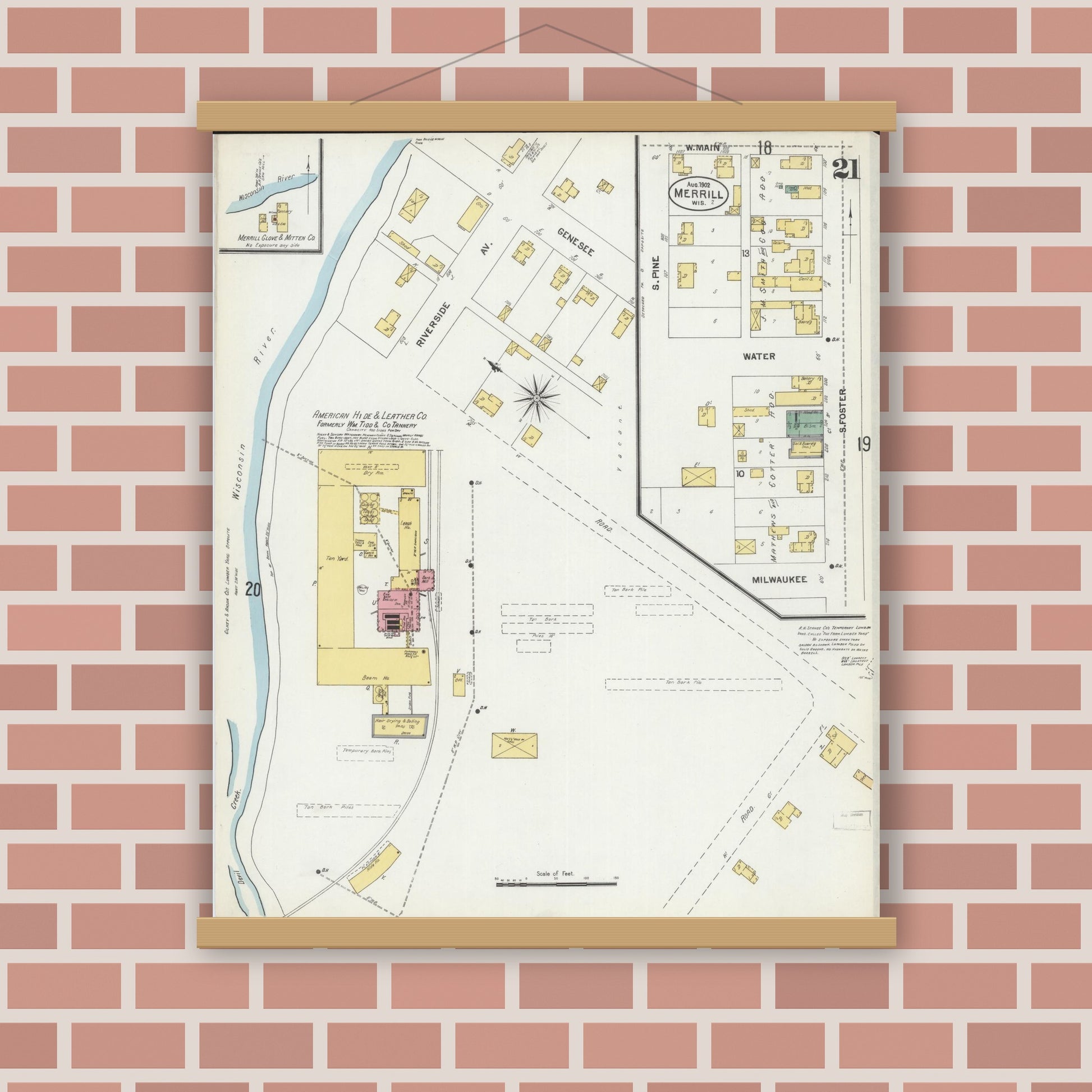 Old map wall art mockup — magnetic wood frame on brick wall — Sanborn Fire Insurance Map from Merrill, Lincoln County, Wisconsin (1902), Sheet #0021