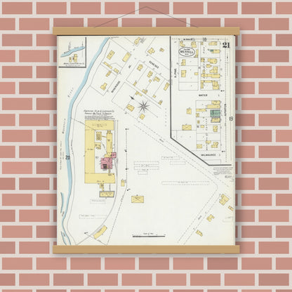 Old map wall art mockup — magnetic wood frame on brick wall — Sanborn Fire Insurance Map from Merrill, Lincoln County, Wisconsin (1902), Sheet #0021
