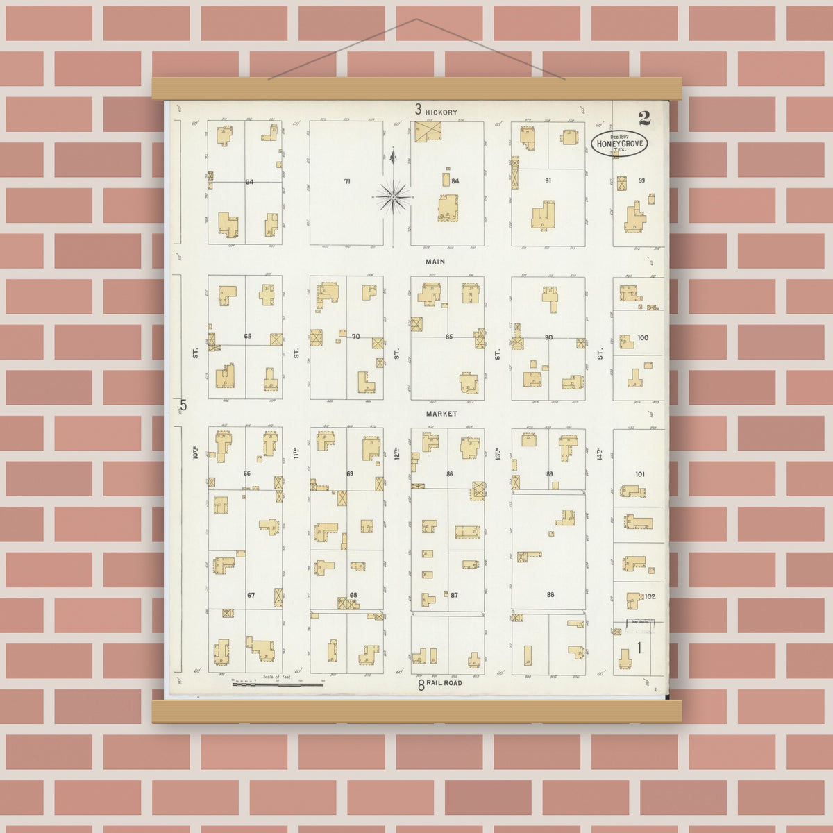 Old map wall art mockup — magnetic wood frame on brick wall — Sanborn Fire Insurance Map from Honey Grove, Fannin County, Texas (1897), Sheet #0002