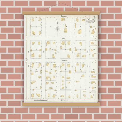 Old map wall art mockup — magnetic wood frame on brick wall — Sanborn Fire Insurance Map from Honey Grove, Fannin County, Texas (1897), Sheet #0002