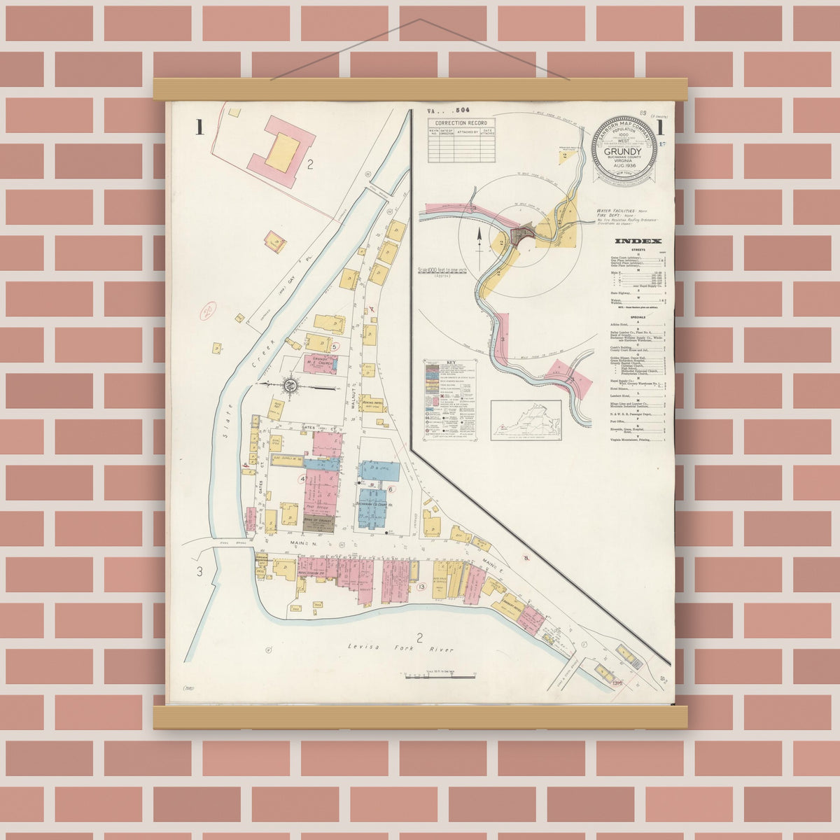 Old map wall art mockup — magnetic wood frame on brick wall — Sanborn Fire Insurance Map from Grundy, Buchanan County, Virginia (1936) - Complete Map Set