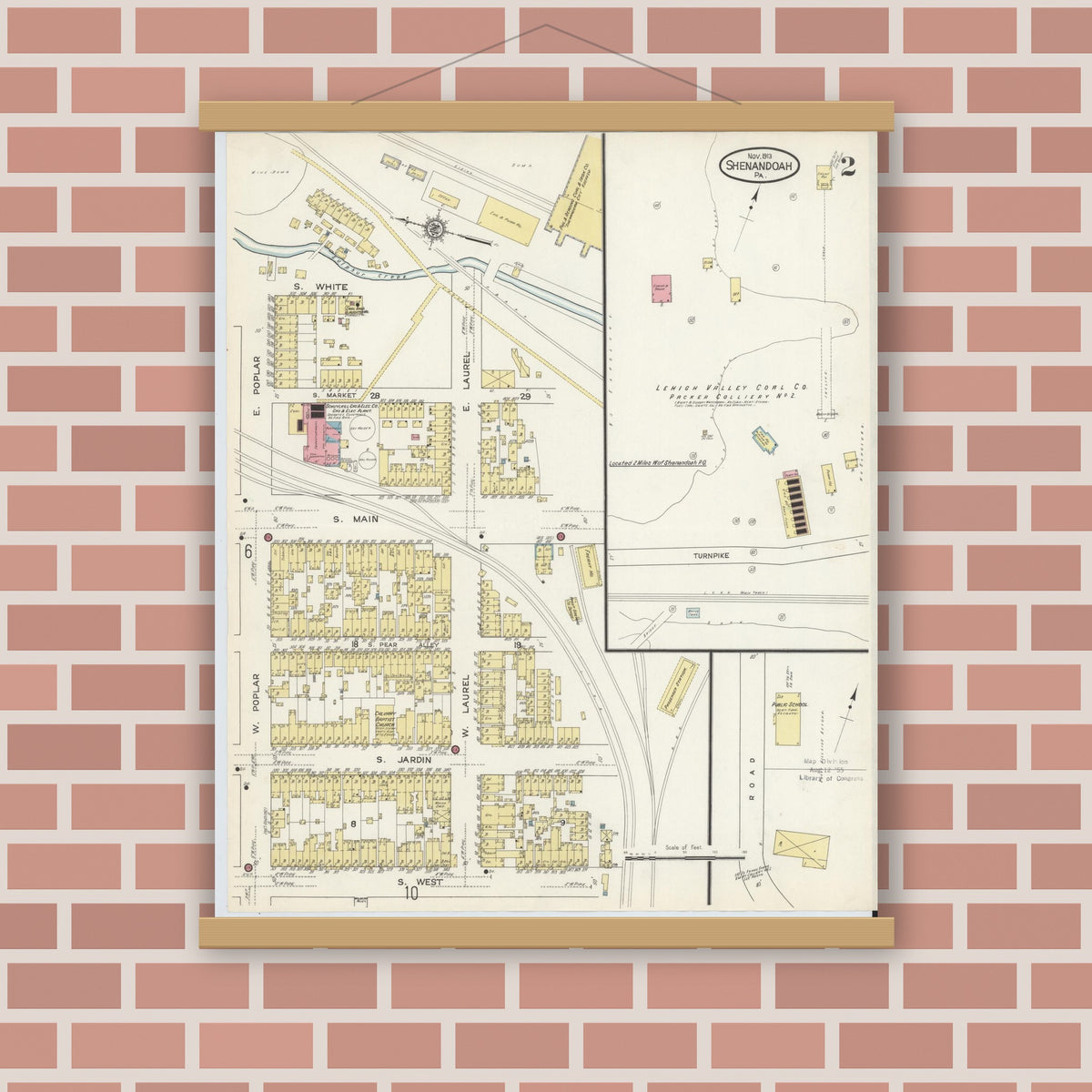 Old map wall art mockup — magnetic wood frame on brick wall — Sanborn Fire Insurance Map from Shenandoah, Schuylkill County, Pennsylvania (1913), Sheet #0002
