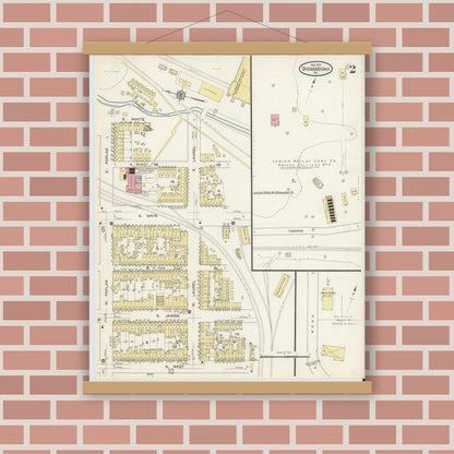 Old map wall art mockup — magnetic wood frame on brick wall — Sanborn Fire Insurance Map from Shenandoah, Schuylkill County, Pennsylvania (1913), Sheet #0002
