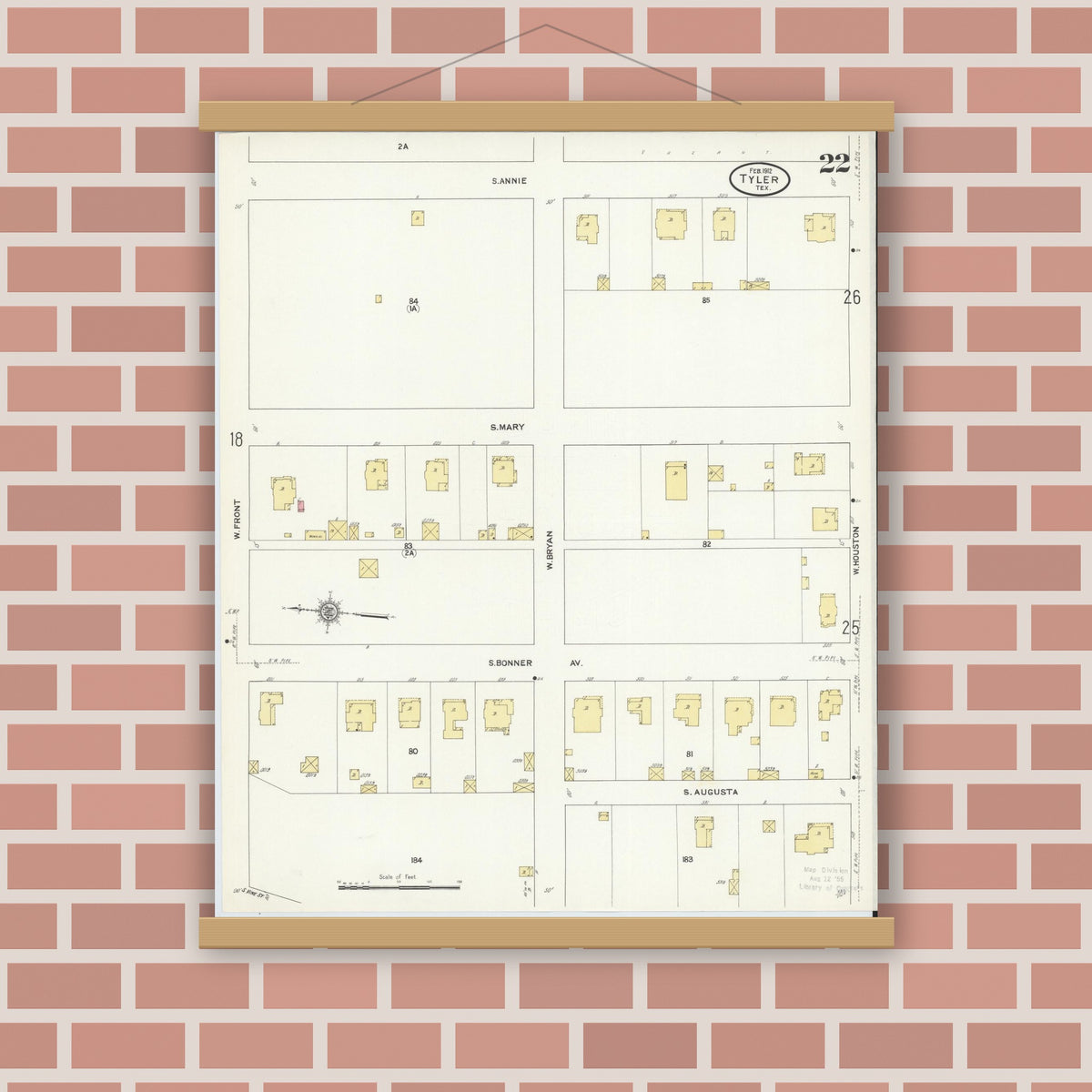 Old map wall art mockup — magnetic wood frame on brick wall — Sanborn Fire Insurance Map from Tyler, Smith County, Texas (1912), Sheet #0022