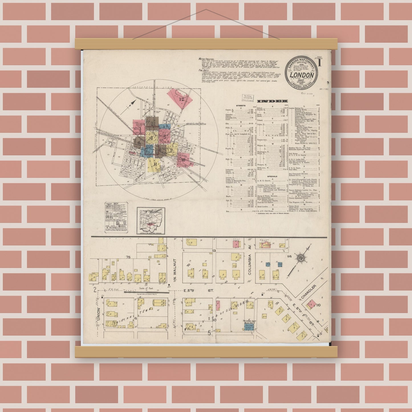 Old map wall art mockup — magnetic wood frame on brick wall — Sanborn Fire Insurance Map from London, Madison County, Ohio (1921) - Complete Map Set