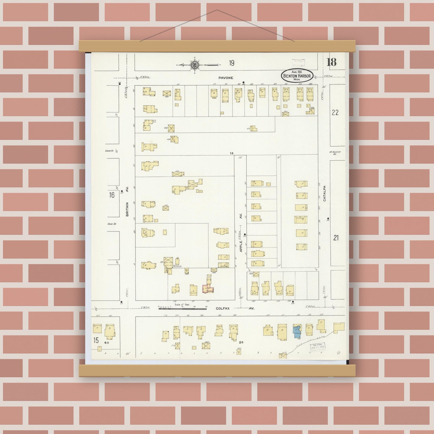 Old map wall art mockup — magnetic wood frame on brick wall — Sanborn Fire Insurance Map from Benton Harbor, Berrien County, Michigan (1911), Sheet #0018