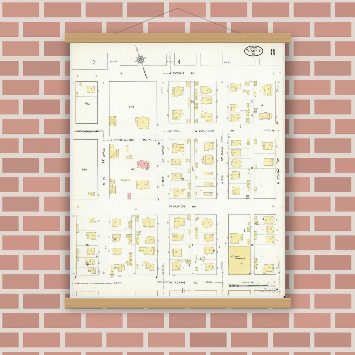 Old map wall art mockup — magnetic wood frame on brick wall — Sanborn Fire Insurance Map from Temple, Bell County, Texas (1915), Sheet #0008