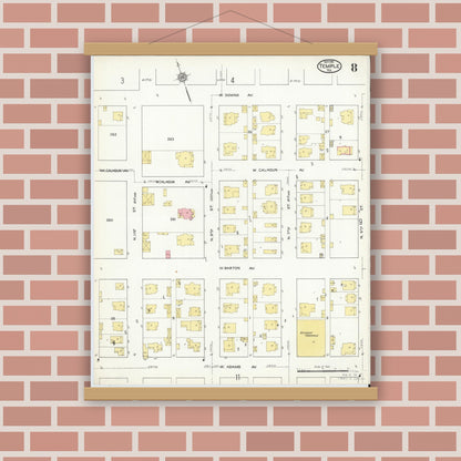 Old map wall art mockup — magnetic wood frame on brick wall — Sanborn Fire Insurance Map from Temple, Bell County, Texas (1915), Sheet #0008