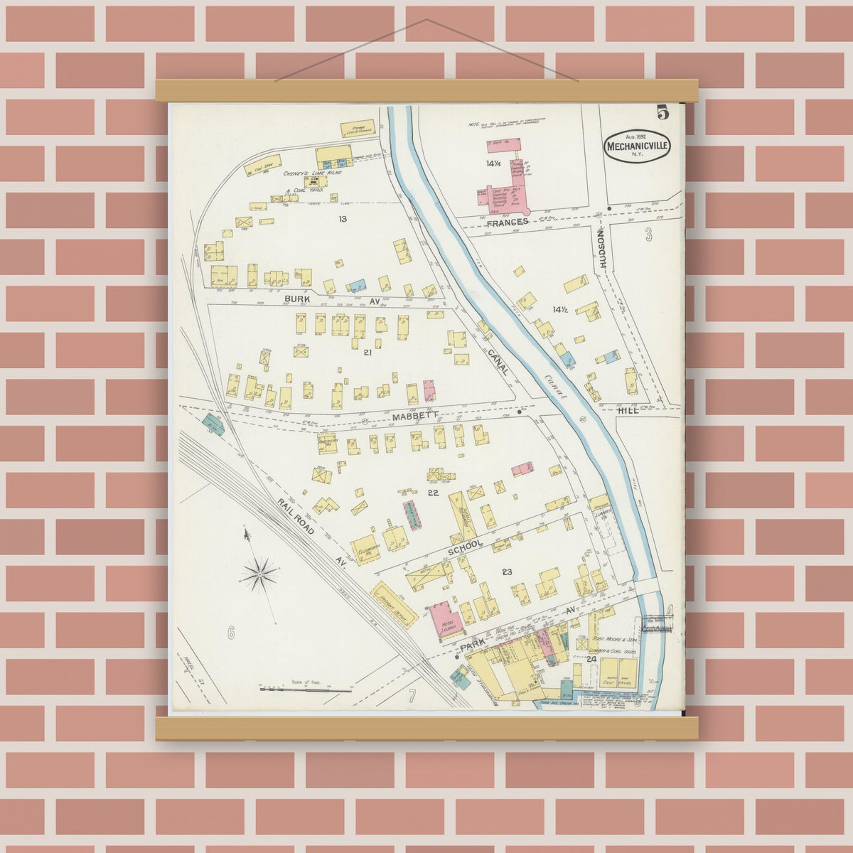 Old map wall art mockup — magnetic wood frame on brick wall — Sanborn Fire Insurance Map from Mechanicville, Saratoga County, New York (1892), Sheet #0005