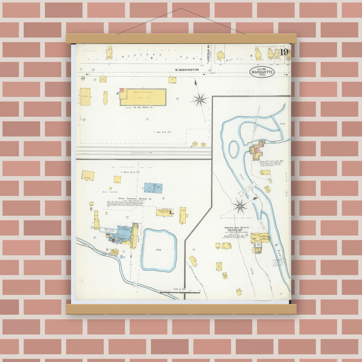 Old map wall art mockup — magnetic wood frame on brick wall — Sanborn Fire Insurance Map from Marquette, Marquette County, Michigan (1904), Sheet #0019