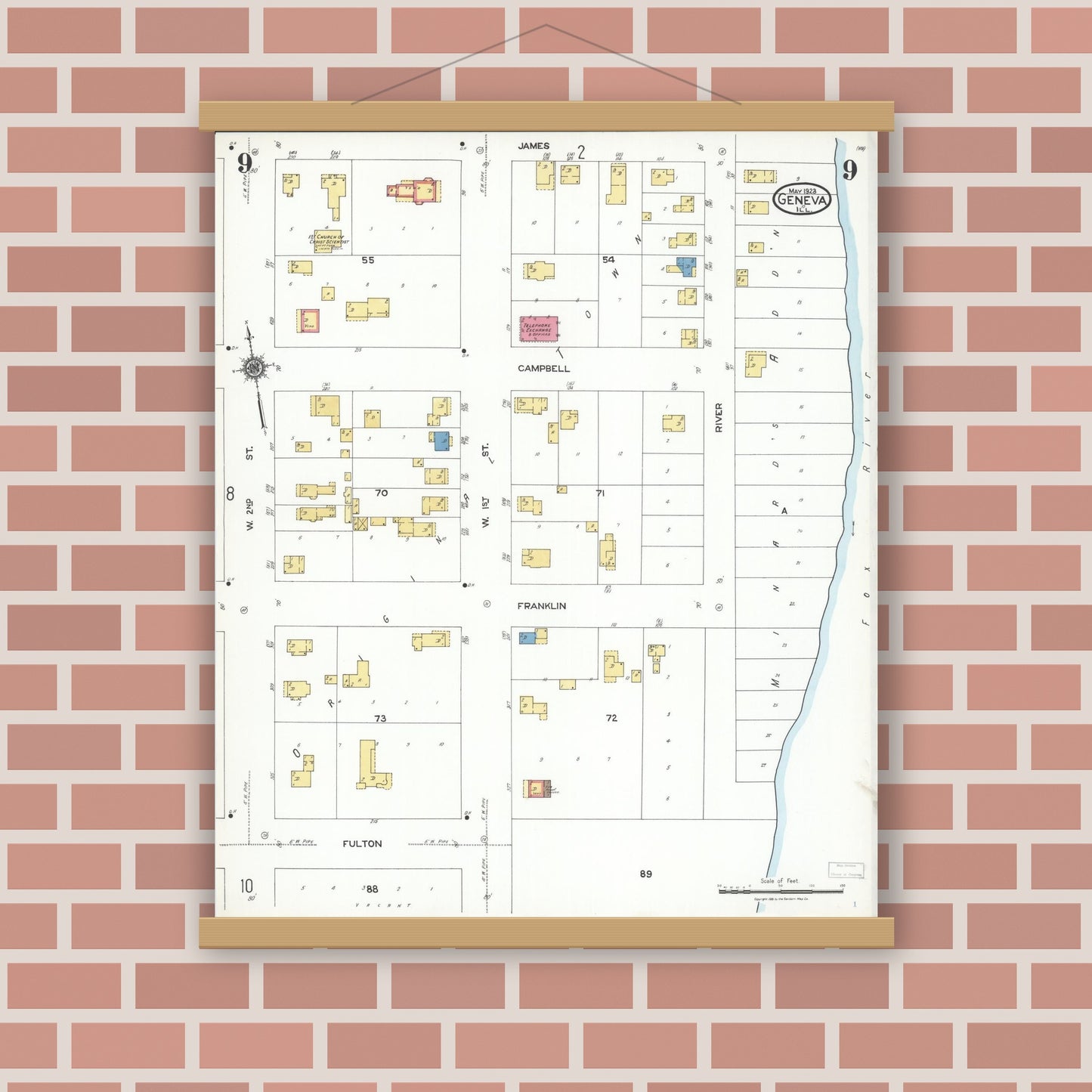 Old map wall art mockup — magnetic wood frame on brick wall — Sanborn Fire Insurance Map from Geneva, Kane County, Illinois (1923), Sheet #0009